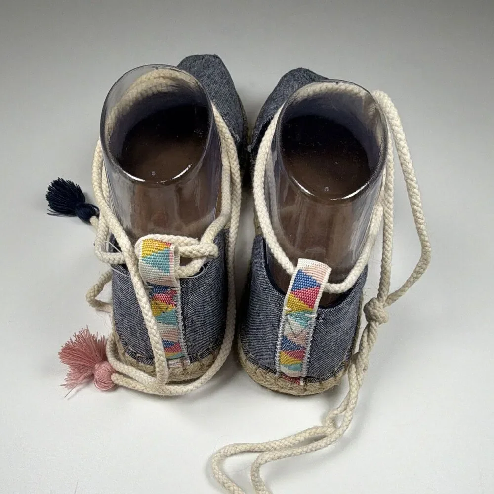 TOMS Women's Blue Denim Tassel Ankle Wrap Tie Espadrille Flats Round US 9.5